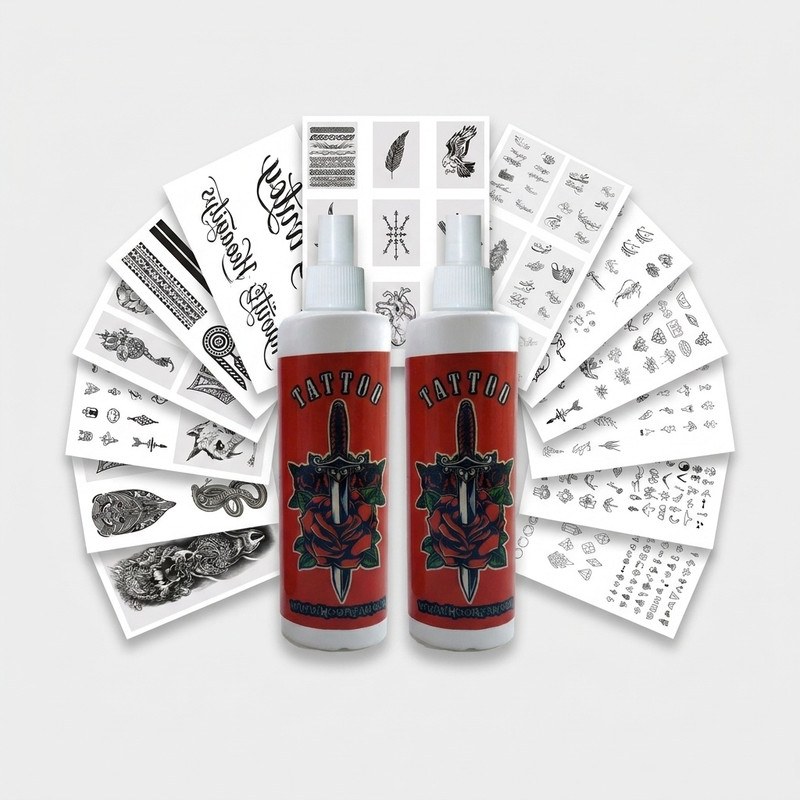 اسپری تتو موقت مدل 350Mt، مجموعه 2 عددی 120 میلی‌لیتر، 200 طرح مینیمال و 100 طرح خوشنویسی و فانتزی، ماندگاری 1 تا 3 روز، اجرای 5 ثانیه‌ای، مناسب بالای 3 سال