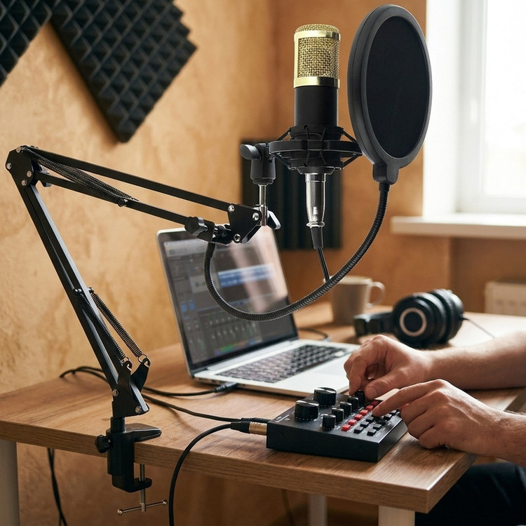 میکروفن کندانسر مدل legendary vocal به همراه کارت صدا و پایه تلسکوپی و پاپ فیلتر