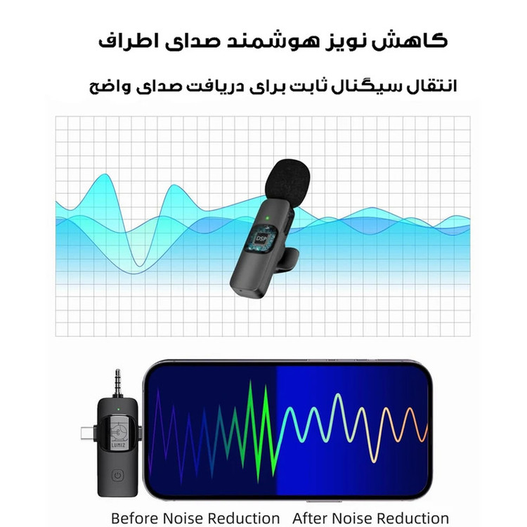 میکروفون بی سیم یقه ای لومیز مدل 2mic-3way با درگاه اتصال اتصال تایپ سی و لایتنینگ