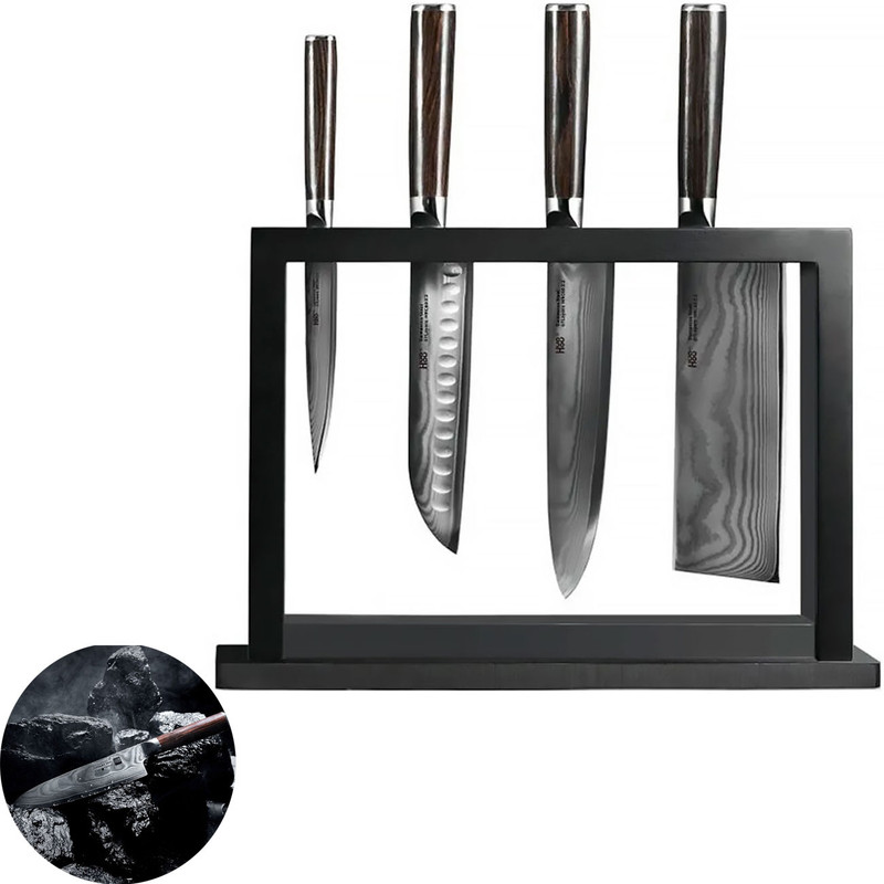 سرویس چاقو 4 پارچه با تیغه فولاد ضدزنگ و با دسته چوب نراد روسی، چوب هوهاو مدل HU0297 به همراه استند
