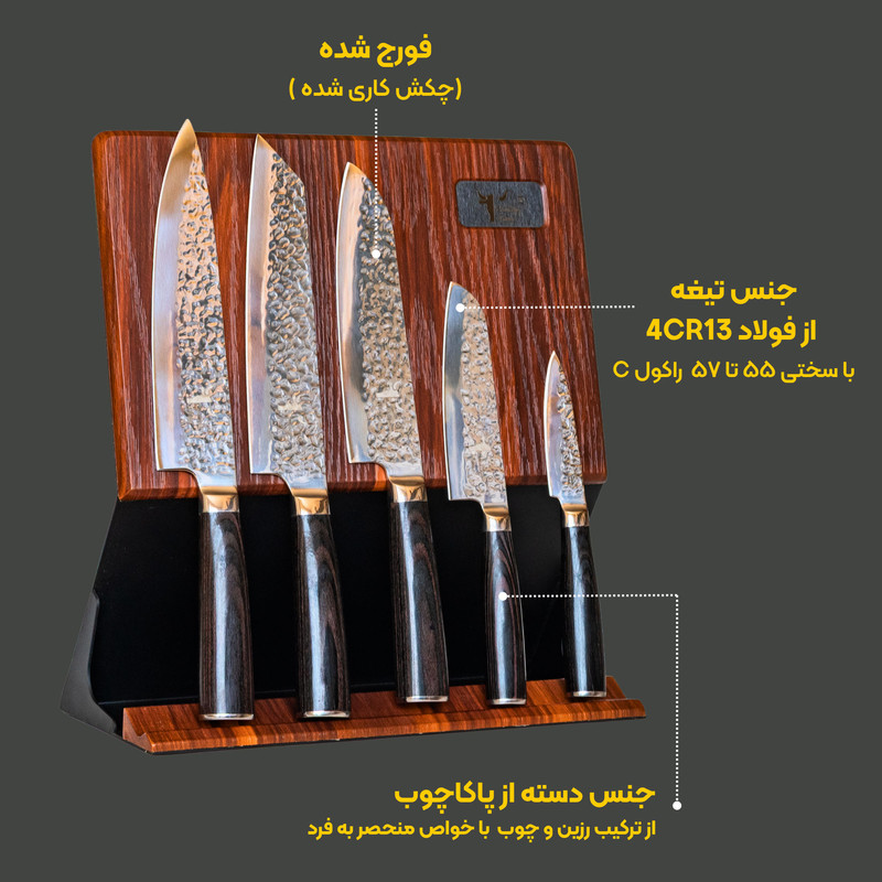 سرویس چاقو آشپزخانه 5 پارچه کوکینگ فلیم مدل SW Pro 5 همراه با استند