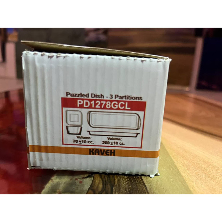 اردوخوری کریستال کاوه مدل باروک با طراحی مستطیل و مربع، شامل سینی و سه کاسه جداشونده، مناسب سرو پذیرایی، شستوشو با دست و همراه جعبه