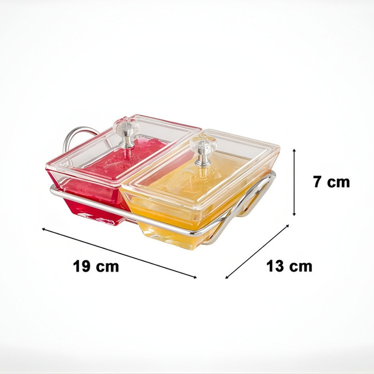اردوخوری 2 خانه لیمون مدل FIDOKA-2103 با پایه فلزی، بدنه شیشهای، درب آکرولیک، مناسب سرو پنیر، آجیل، شکلات و شیرینی، قابل شستوشو با دست و ماشین ظرفشویی، طراحی مستطیلی همراه استند