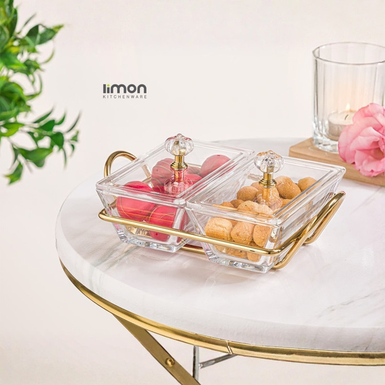 اردوخوری 2 خانه لیمون مدل FIDOKA-2103 با پایه فلزی، بدنه شیشهای، درب آکرولیک، مناسب سرو پنیر، آجیل، شکلات و شیرینی، قابل شستوشو با دست و ماشین ظرفشویی، طراحی مستطیلی همراه استند