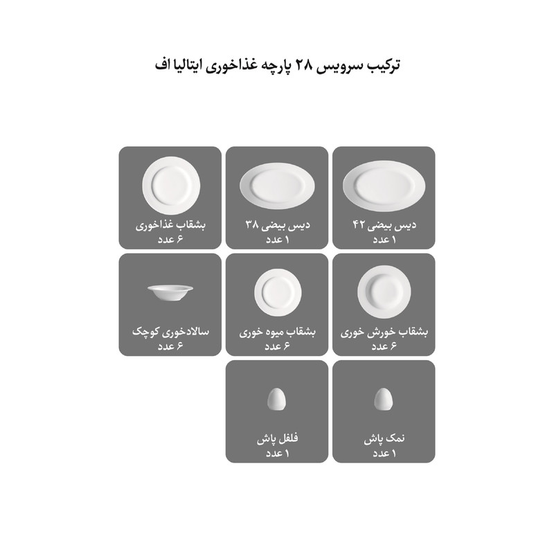 سرویس غذاخوری 28 پارچه 6 نفر چینی زرین ایران مدل ایتالیا اف سن پترزبورگ درجه عالی