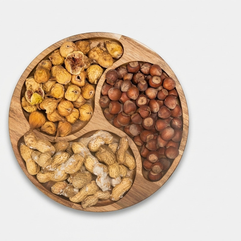 اردوخوری چوبی گردو مدل OD07 با طراحی دایرهای، مناسب سرو تنقلات و پذیرایی، سبک و مقاوم، قابلیت شستوشو با دست