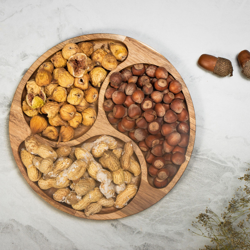اردوخوری چوبی گردو مدل OD07 با طراحی دایرهای، مناسب سرو تنقلات و پذیرایی، سبک و مقاوم، قابلیت شستوشو با دست