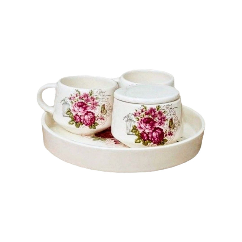 سرویس چای خوری 4 پارچه دو نفره طرح گل سرخ
