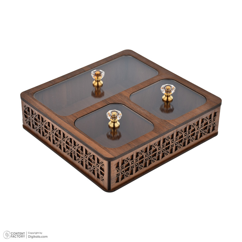 جعبه پذیرایی مدل یاس کد P301 شکلاتخوری مربع MDF، پلاستیک و پلکسی گلس با ابعاد 20x19x5.5 سانتیمتر و وزن 330 گرم، غیرقابل شستشو