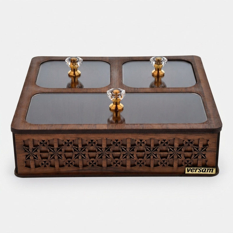 جعبه پذیرایی مدل یاس کد P301 شکلاتخوری مربع MDF، پلاستیک و پلکسی گلس با ابعاد 20x19x5.5 سانتیمتر و وزن 330 گرم، غیرقابل شستشو