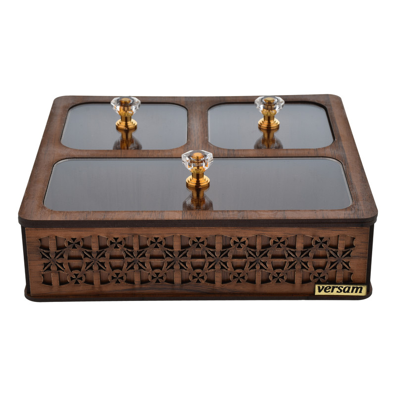 جعبه پذیرایی مدل یاس کد P301 شکلاتخوری مربع MDF، پلاستیک و پلکسی گلس با ابعاد 20x19x5.5 سانتیمتر و وزن 330 گرم، غیرقابل شستشو