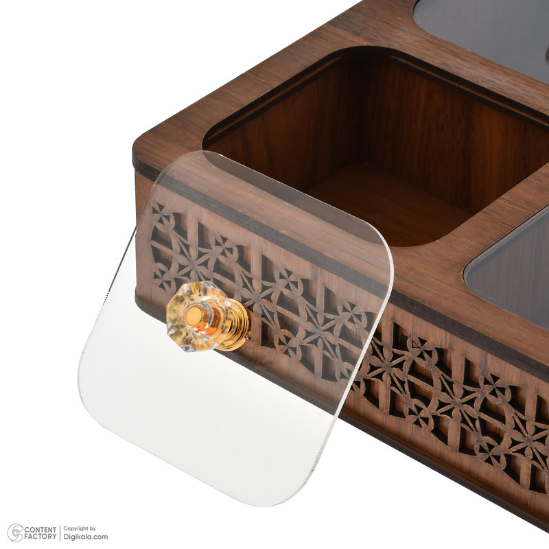 جعبه پذیرایی مدل یاس کد P301 شکلاتخوری مربع MDF، پلاستیک و پلکسی گلس با ابعاد 20x19x5.5 سانتیمتر و وزن 330 گرم، غیرقابل شستشو