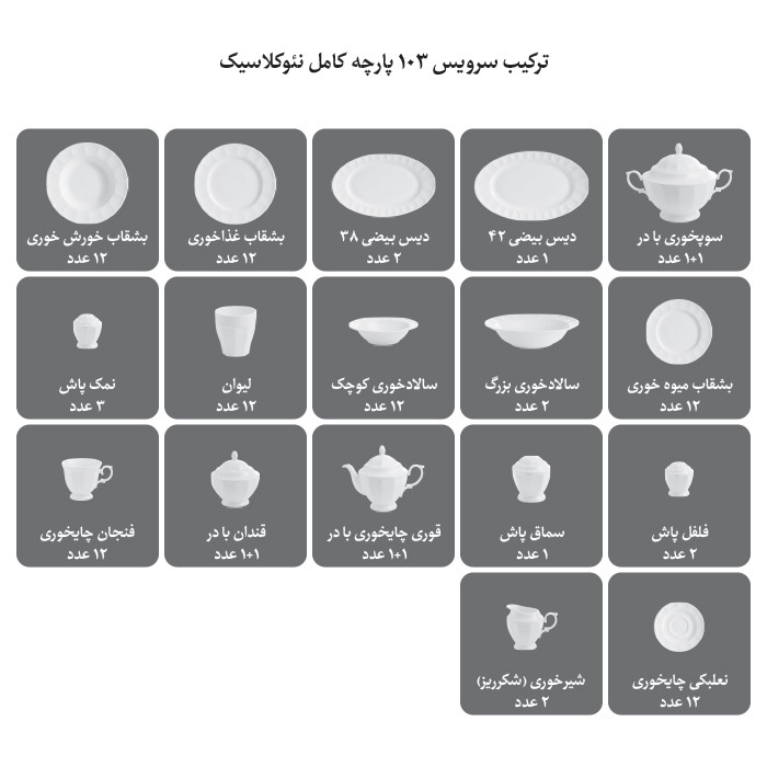 سرویس غذاخوری 103 پارچه چینی زرین ایران سری نئوکلاسیک طرح دلسا درجه عالی