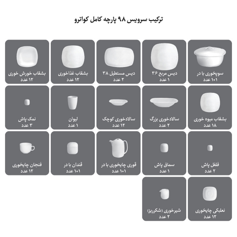 سرویس غذاخوری 98 پارچه چینی زرین ایرانطرح کواترو درجه عالی