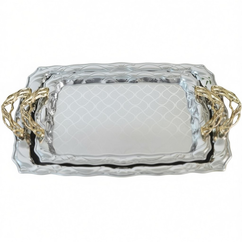 سینی استیل دستهدار مدل اوریو مستطیلی کد M220 مجموعه دو عددی