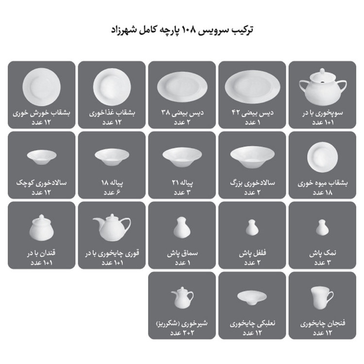 سرویس غذاخوری 108 پارچه چینی زرین ایران مدل شهرزاد آناهید درجه عالی