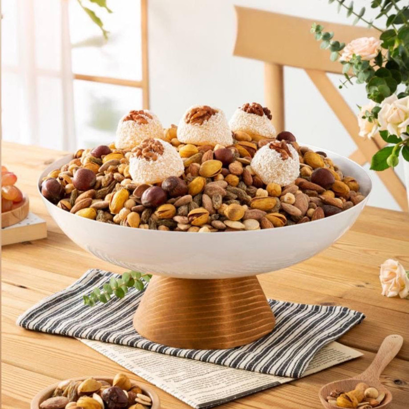 میوهخوری پایهدار فلزی و چوبی دایرهای 28.5x13 سانتیمتر مناسب آجیلخوری و سرو با دست