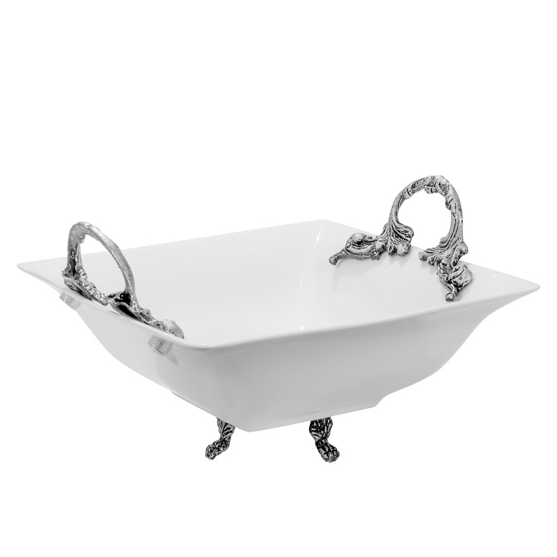 کاسه میوه‌خوری و آجیل‌خوری چینی مربع مدل 520، دسته پیوتر، ابعاد 23.5x23.5x8.5 سانتی‌متر، ارتفاع با پایه 11.5 سانتی‌متر، قابل شستشو با دست و ماشین ظرفشویی