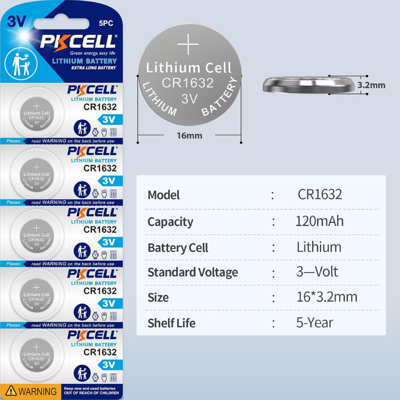 باتری سکهای لیتیومی پی کی سل مدل CR1632 ولتاژ 3 ولت بسته 5 عددی