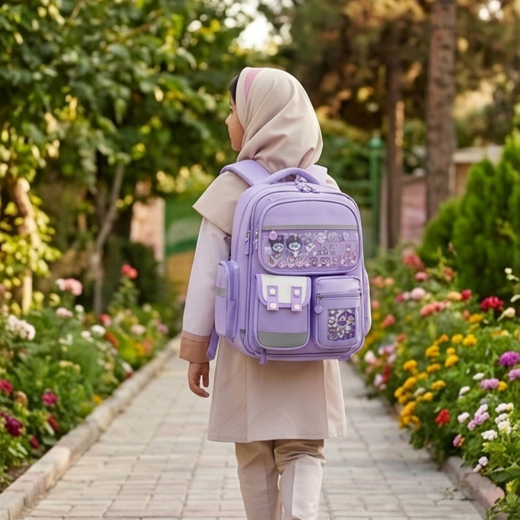 کوله پشتی مدرسه مدل دخترانه بازشو یخچالی طرح کرومی و ملودی
