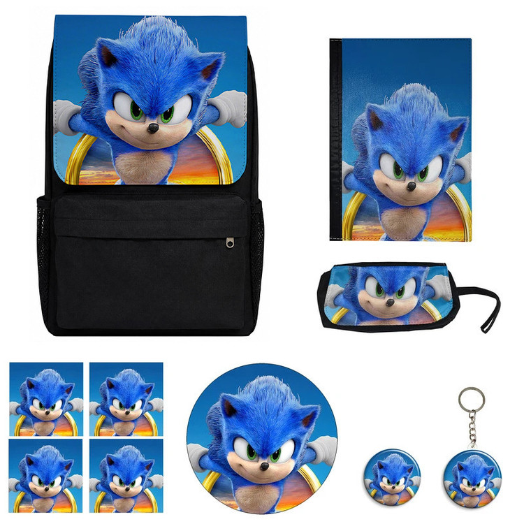 کوله پشتی مدرسه مدل انیمیشن سونیک کد Sonic M1 همراه کلاسور و جامدادی و زیر لیوانی و جاکلیدی مجموعه 10 عددی
