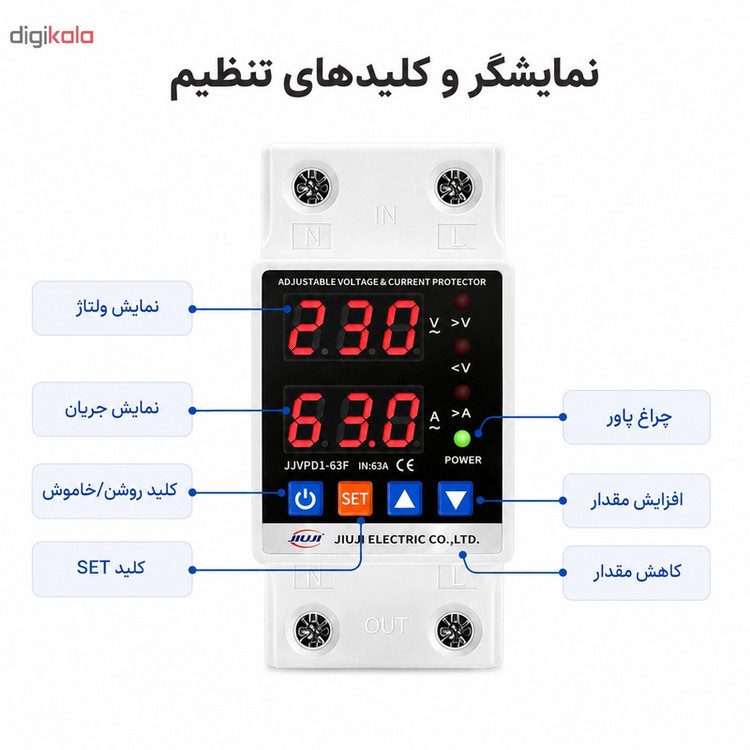 محافظ ولتاژ تکفاز 63 آمپر جیوجی مدل JIUJI_JJVPD1_63F